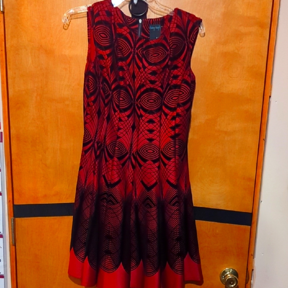 Gabby Skye Red and Black Geometric Midi Dress